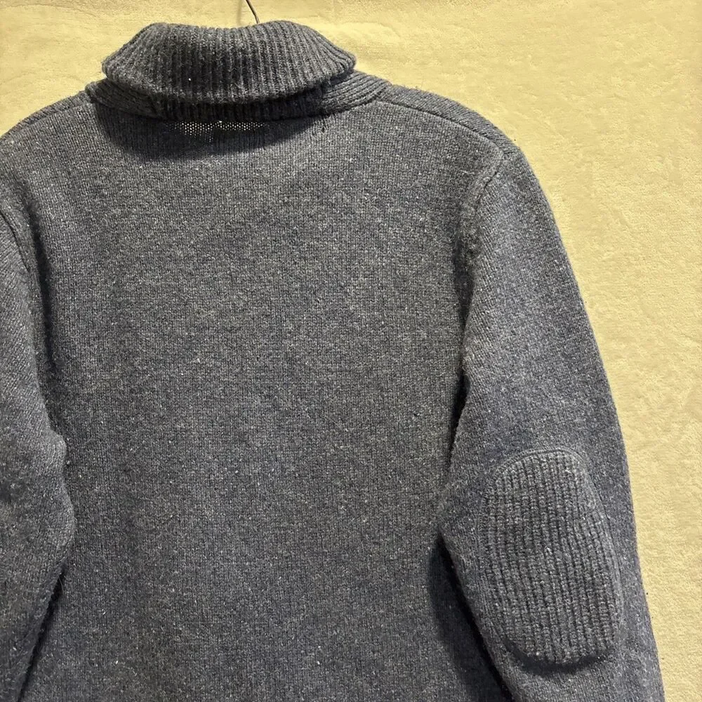 LL Bean Shetland Wool Shawl Collar Sweater Men's Size Large Blue Elbow Patches